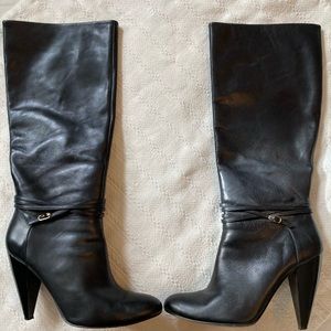 Below the knee black genuine leather boots with buckle and leather details